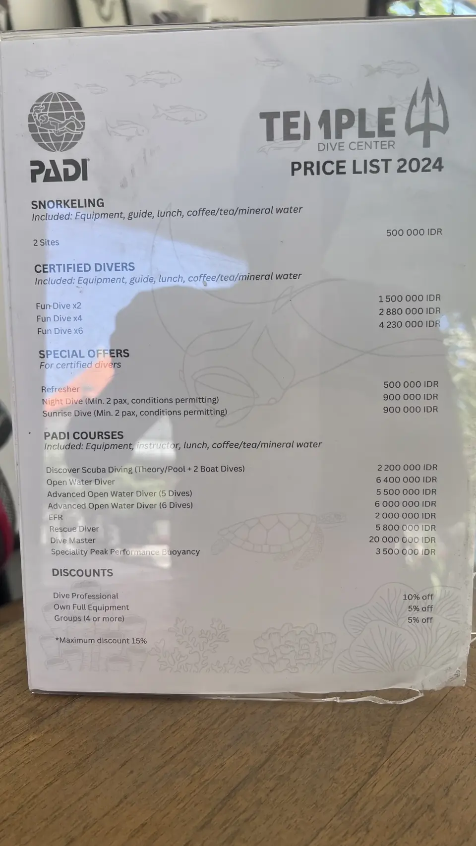 Temple dive centre price list board
