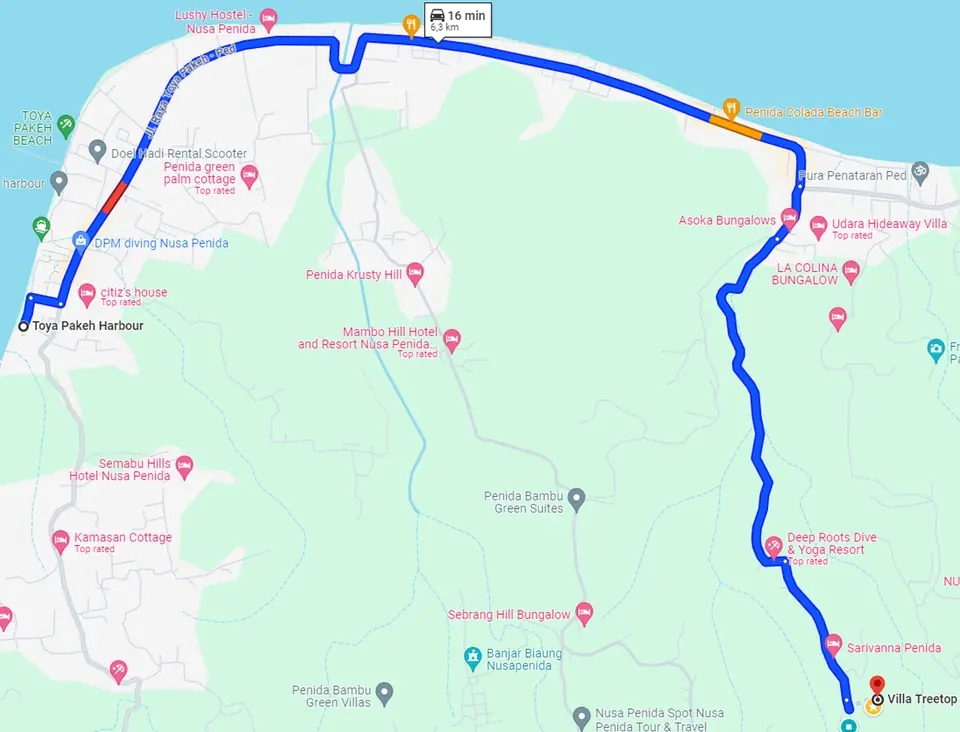Map of the driving route from Toya Pakeh Harbour to Treetop Heights in Ped